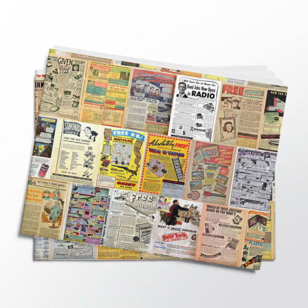 Stack of folded sheets of vintage comic book ads gift wrap from Asgard Press
