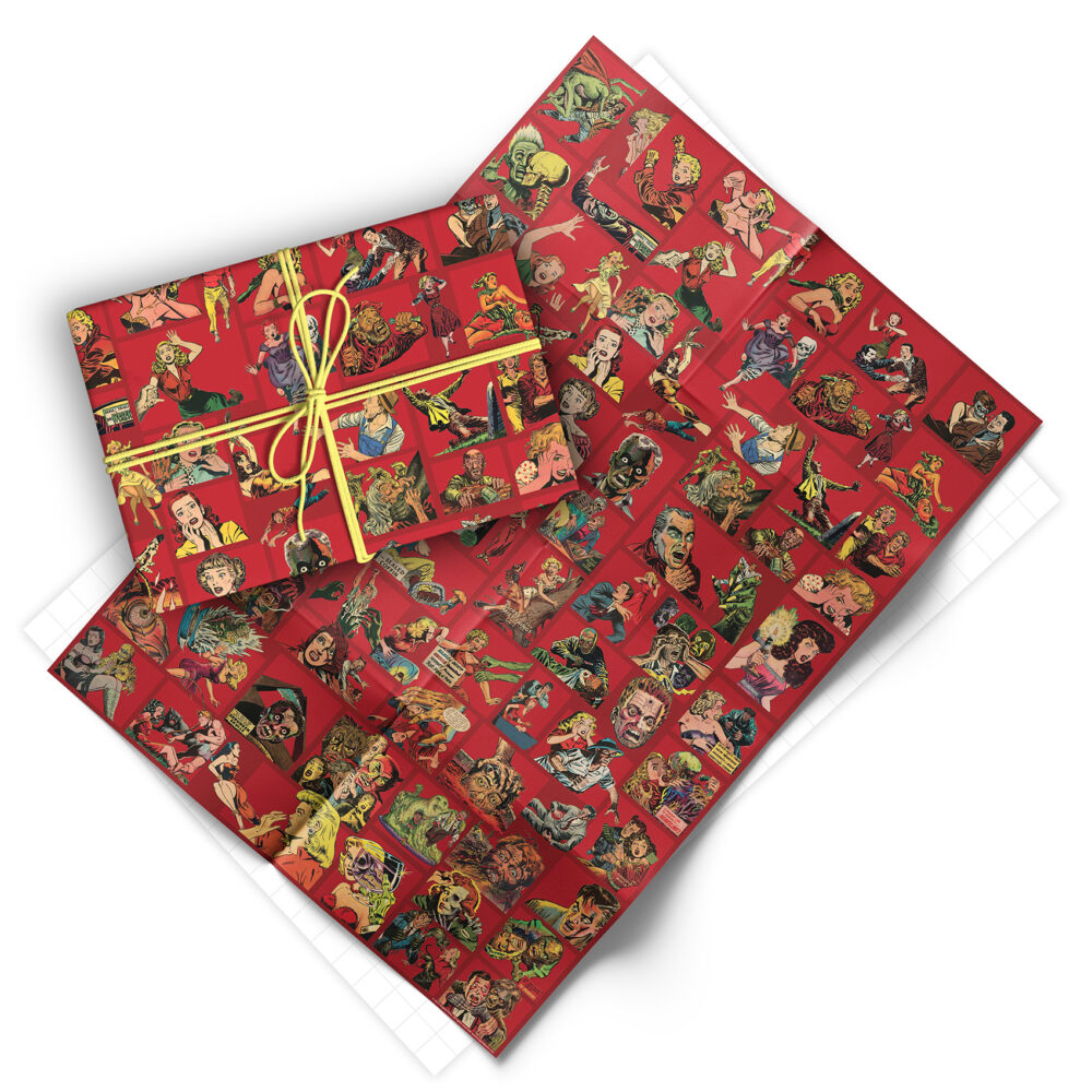 Folded sheet of vintage horror comic character gift wrap from Asgard Press