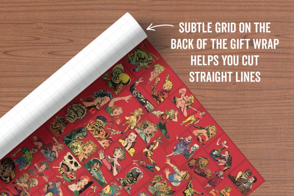 Sheet of vintage horror comic characters gift wrap with grid on the back, from Asgard Press