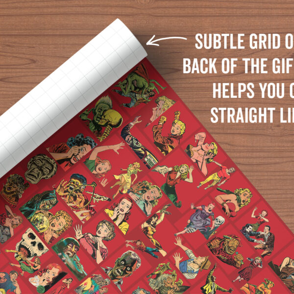 Sheet of vintage horror comic characters gift wrap with grid on the back, from Asgard Press