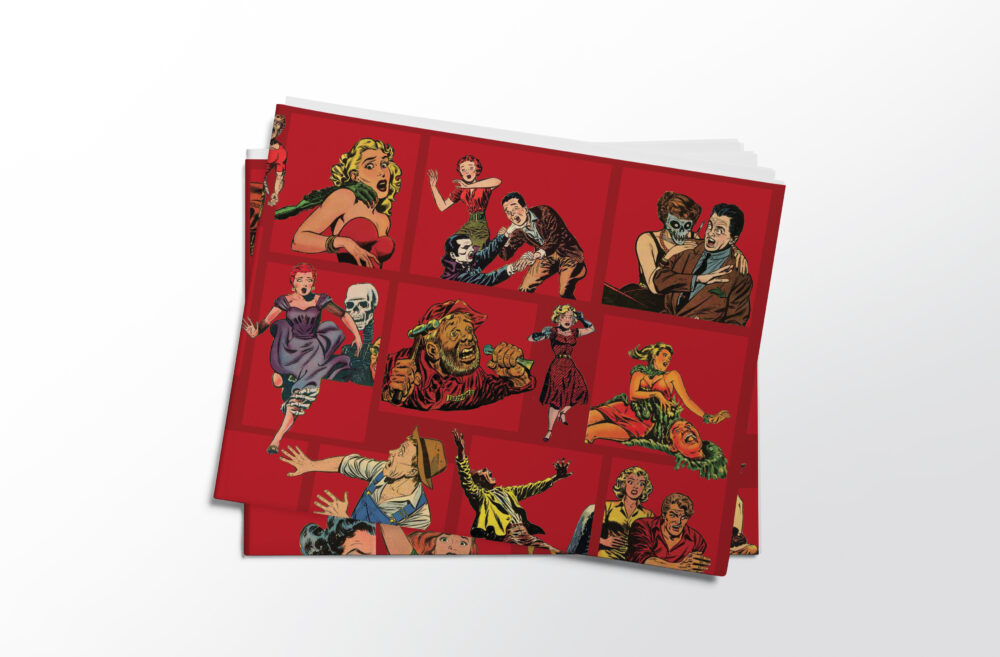 Stack of folded sheets of vintage horror comic characters gift wrap from Asgard Press