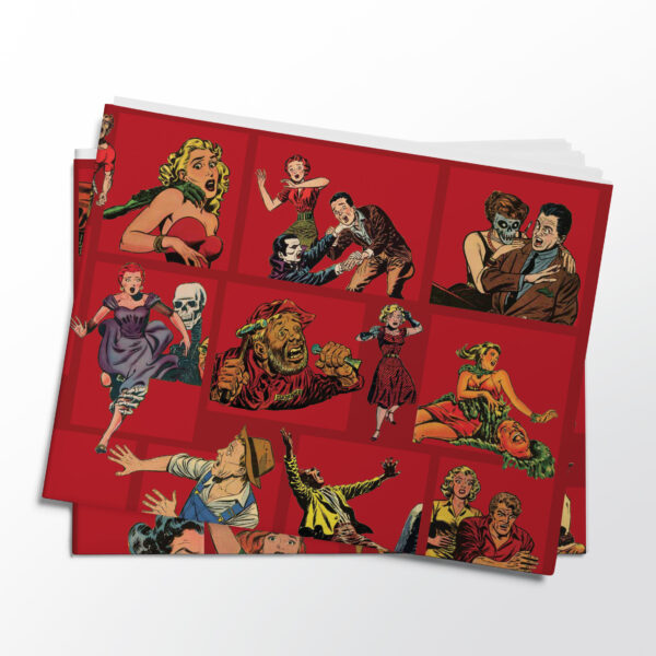 Stack of folded sheets of vintage horror comic characters gift wrap from Asgard Press