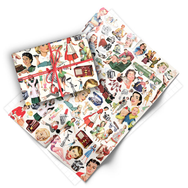 Folded sheet of retro 1950s housewives gift wrap from Asgard Press