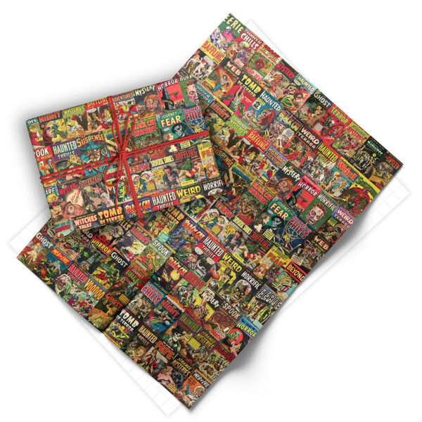 Folded sheet of vintage horror comics gift wrap from Asgard Press