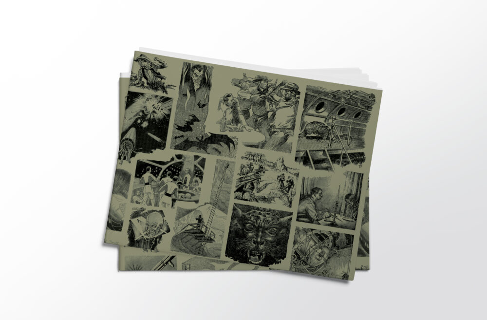 Stack of folded sheets of vintage pulp magazine art gift wrap from Asgard Press