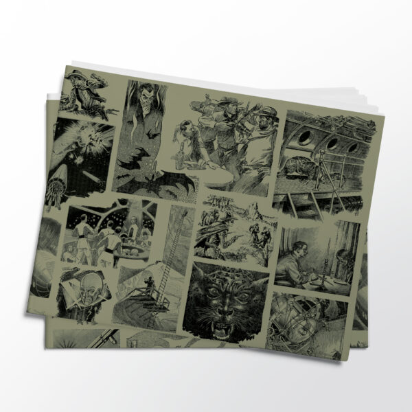 Stack of folded sheets of vintage pulp magazine art gift wrap from Asgard Press
