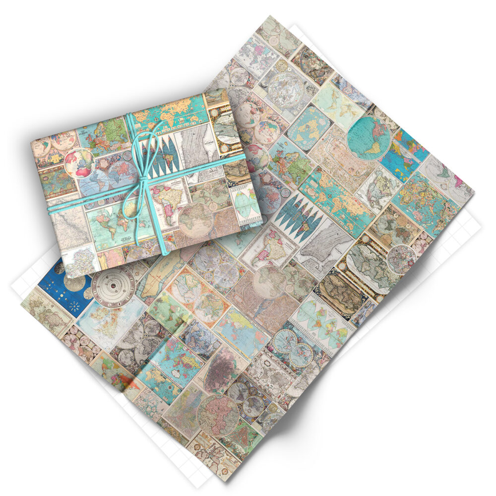 Folded sheet of vintage maps gift wrap from Asgard Press