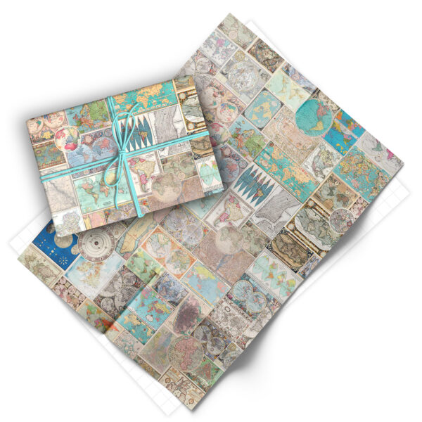 Folded sheet of vintage maps gift wrap from Asgard Press