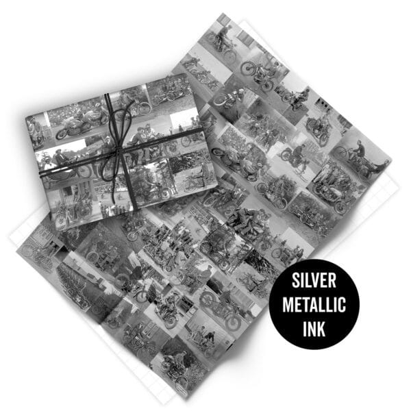 Folded sheet of vintage motorcycles gift wrap from Asgard Press
