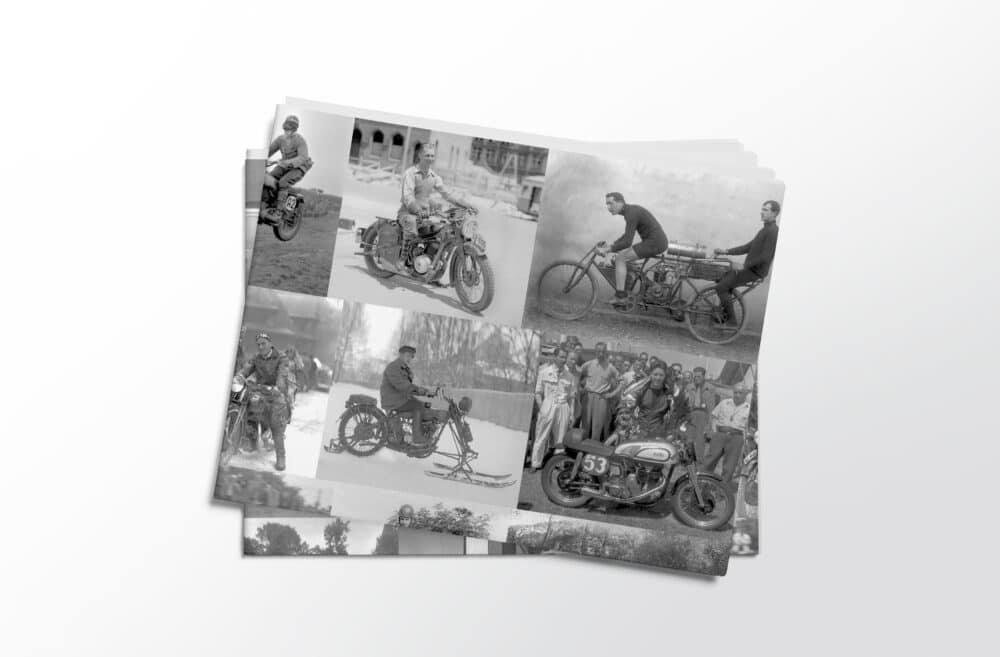Stack of folded sheets of vintage motorcycles gift wrap from Asgard Press