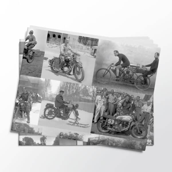 Stack of folded sheets of vintage motorcycles gift wrap from Asgard Press