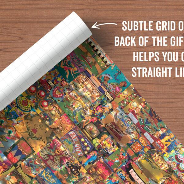 Sheet of vintage pinball gift wrap showing grid on back, from Asgard Press