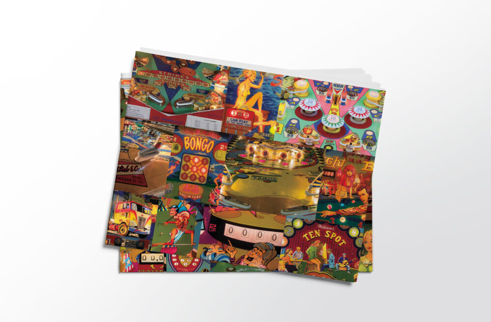 Stack of folded sheets of vintage pinball gift wrap from Asgard Press