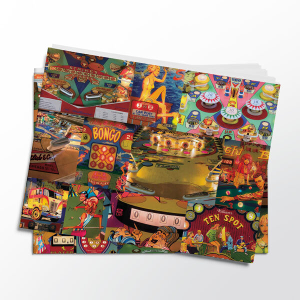 Stack of folded sheets of vintage pinball gift wrap from Asgard Press