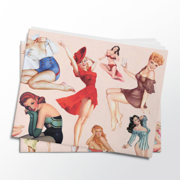 Stack of folded sheets of vintage pinups gift wrap from Asgard Press