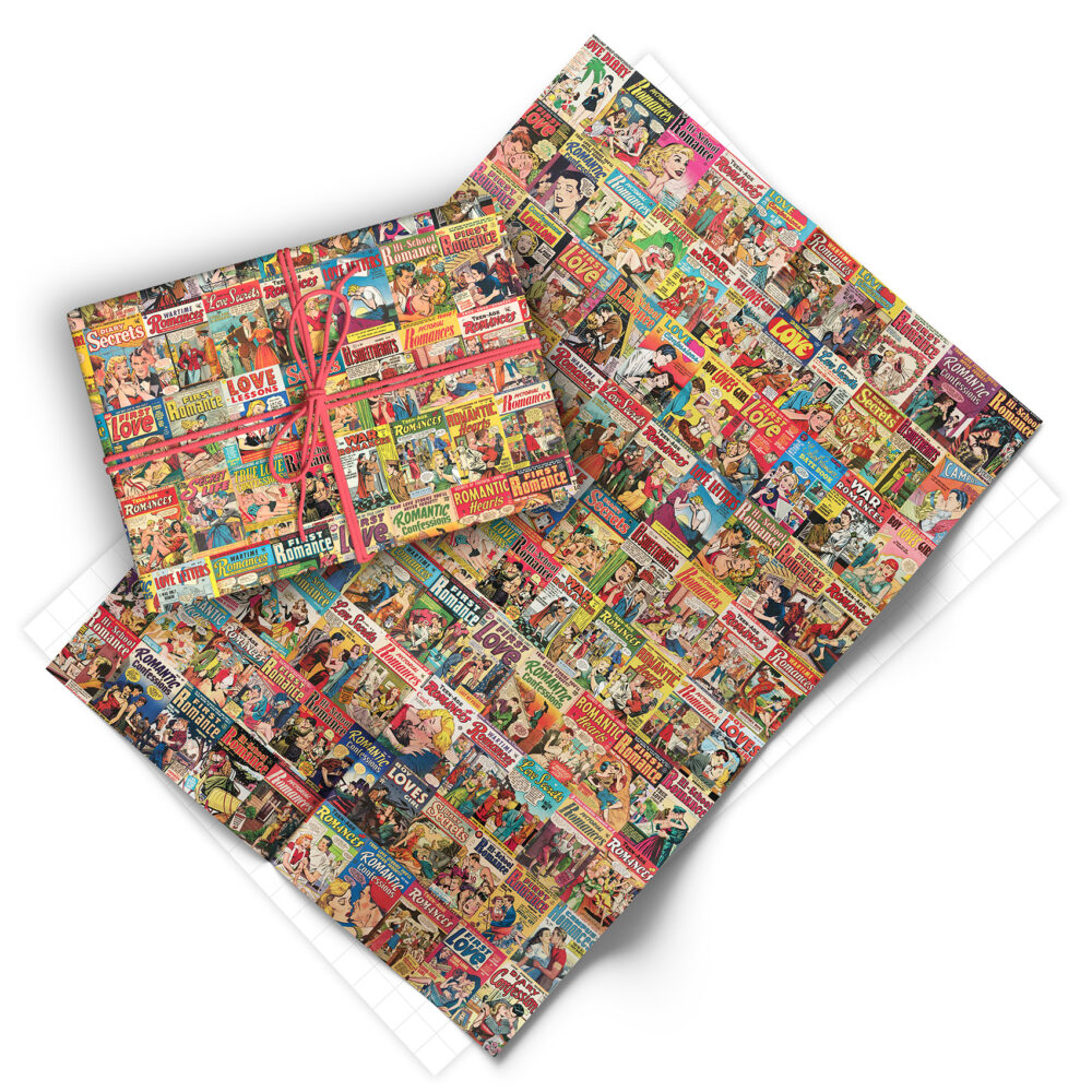 Folded sheet of vintage romance comics gift wrap from Asgard Press