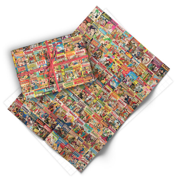Folded sheet of vintage romance comics gift wrap from Asgard Press