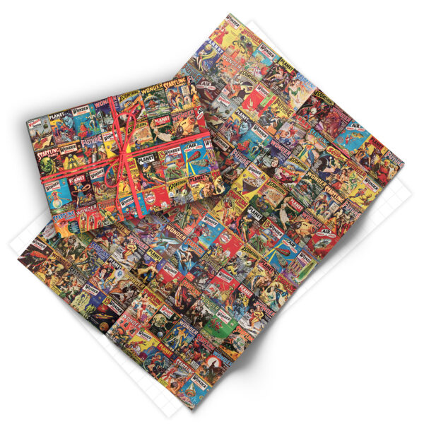 Folded sheet of vintage science fiction gift wrap from Asgard Press
