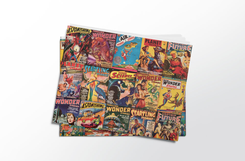 Stack of folded sheets of vintage science fiction gift wrap from Asgard Press