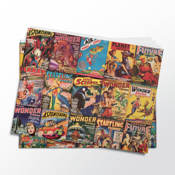 Stack of folded sheets of vintage science fiction gift wrap from Asgard Press