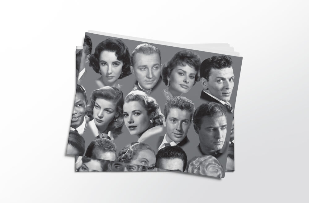 Stack of folded sheets of vintage silver screen stars gift wrap from Asgard Press