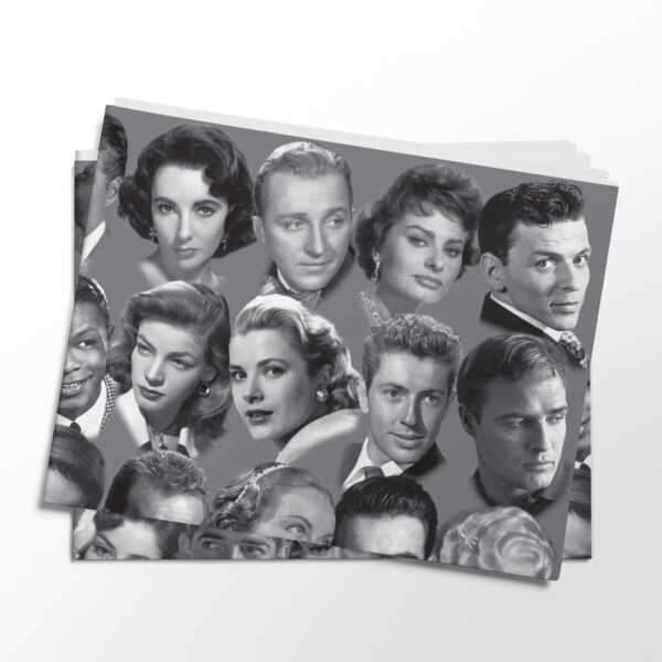 Stack of folded sheets of vintage silver screen stars gift wrap from Asgard Press