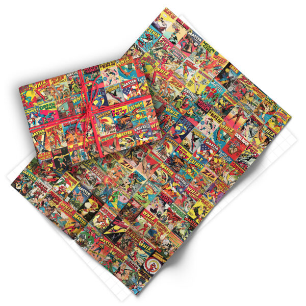 Folded sheet of vintage superheroes gift wrap from Asgard Press