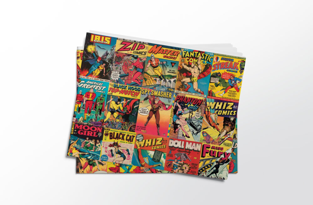 Stack of folded sheets of vintage superheroes gift wrap from Asgard Press