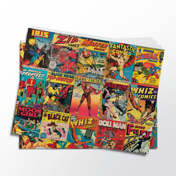 Stack of folded sheets of vintage superheroes gift wrap from Asgard Press