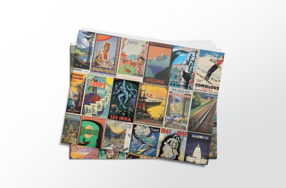Stack of folded sheets of vintage travel posters gift wrap from Asgard Press
