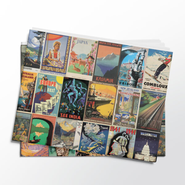 Stack of folded sheets of vintage travel posters gift wrap from Asgard Press