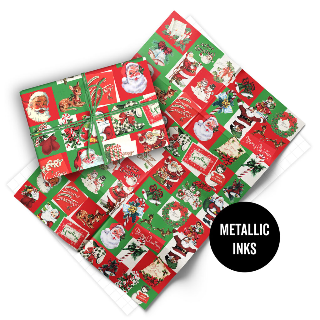 Folded sheet of vintage Christmas gift wrap with metallic inks, from Asgard Press