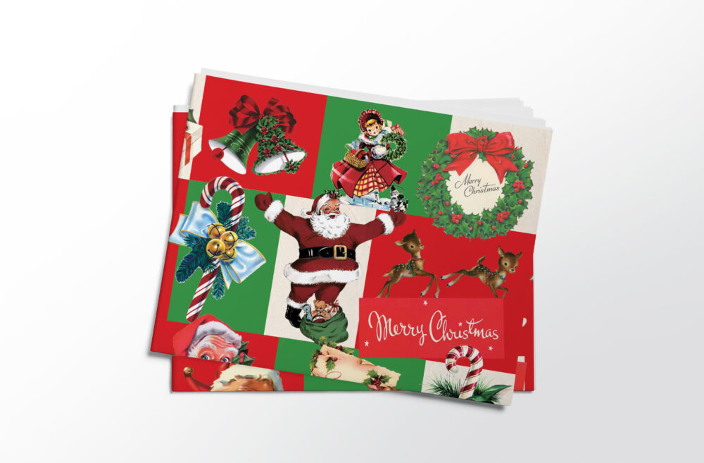 Stack of folded sheets of vintage metallic Christmas gift wrap from Asgard Press