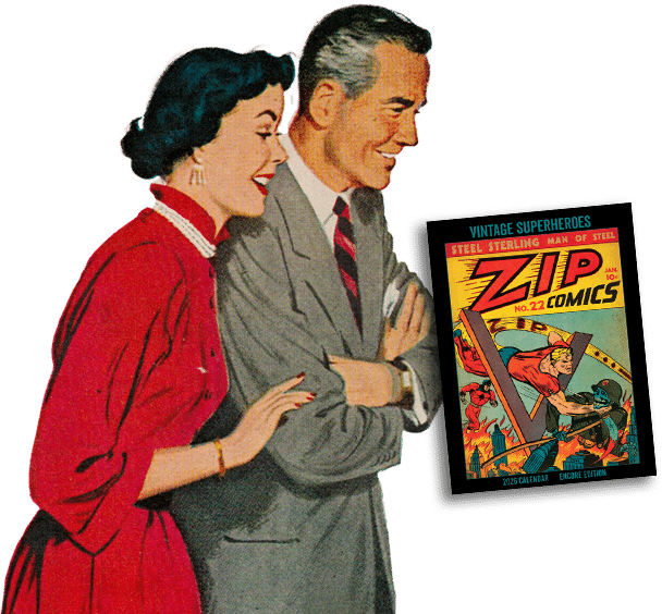 Mid-century couple gazing at a calendar