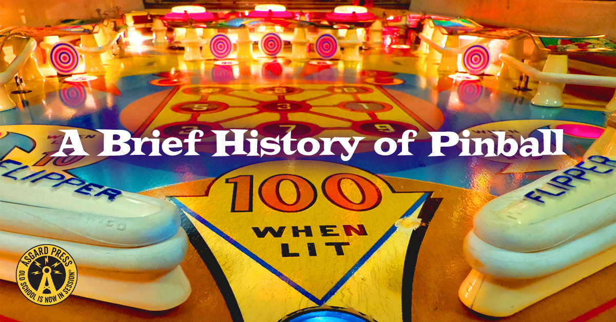 Close up of pinball play field with text "A Brief History of Pinball."