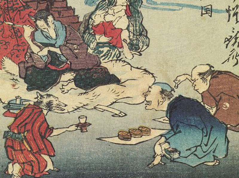 Dosan Tanuki; Japanese woodblock print of a tanuki yōkai.