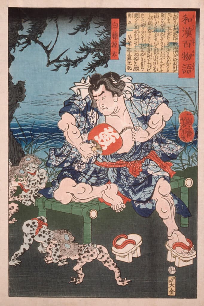 Shirafuji Genta watching kappa wrestle; Japanese woodblock print.