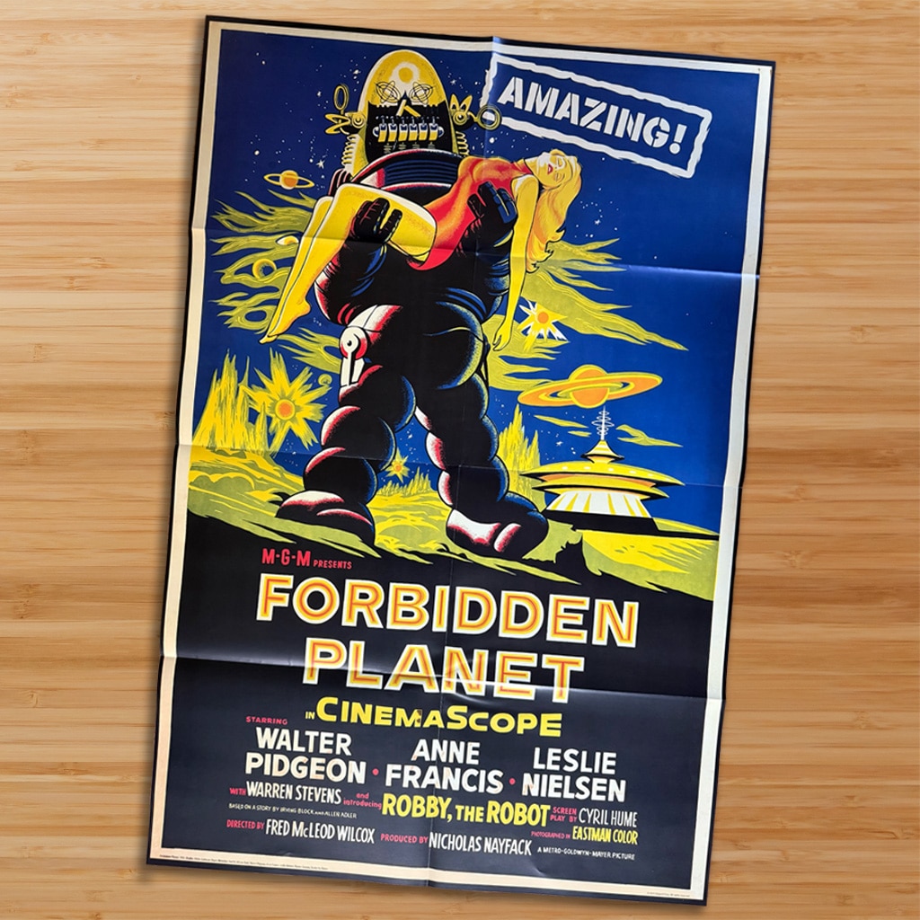 Folded, double-sided poster featuring a travel poster of Australia on one side and the film "Forbidden Planet" on the other