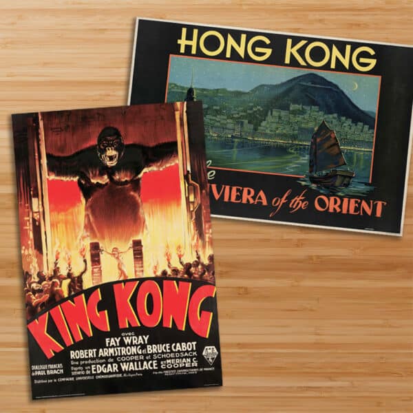 Folded, double-sided poster featuring a travel poster of Hong Kong on one side, and the film "King Kong" on the other