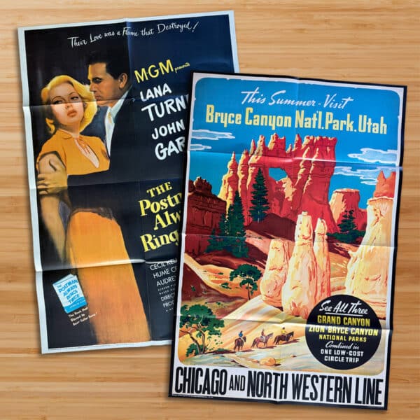 Folded, double-sided poster featuring Bryce Canyon on one side and the film "The Postman Always Rings Twice" on the other