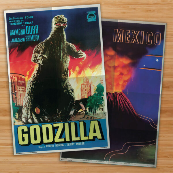 Asgard Press double-sided folded poster of Mexico and Godzilla