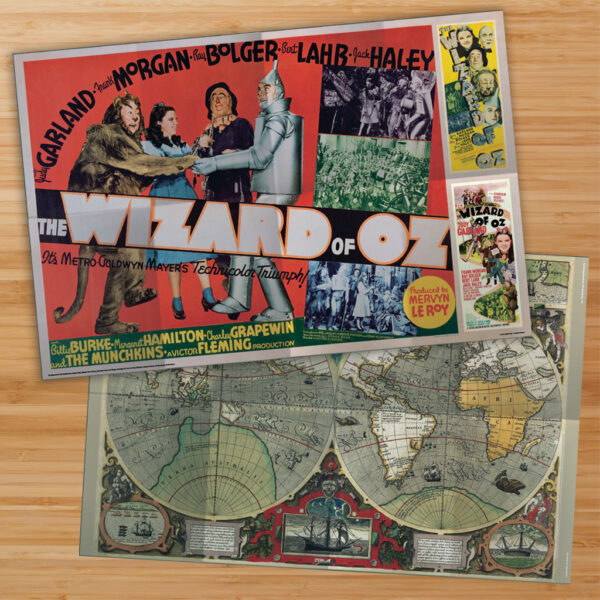 Asgard Press double-sided folded poster of an antique world map and The Wizard of Oz