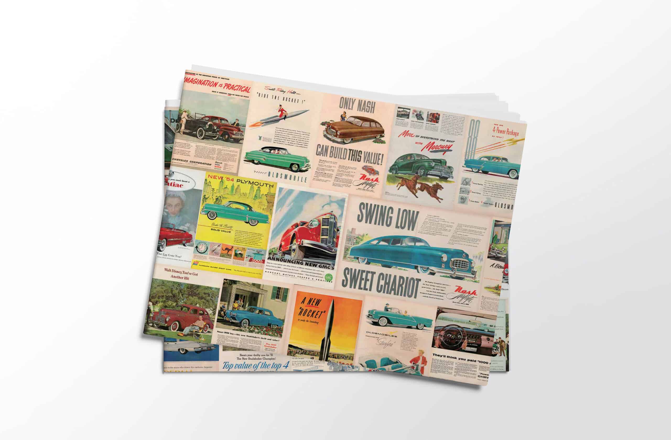 Vintage Car Ads Pack of 4 Folded Gift Wrap Sheets