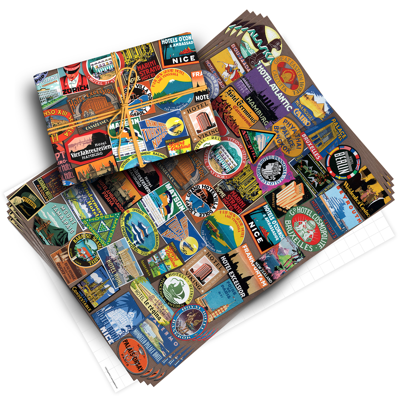 Vintage Luggage Labels Pack of 4 Folded Gift Wrap Sheets