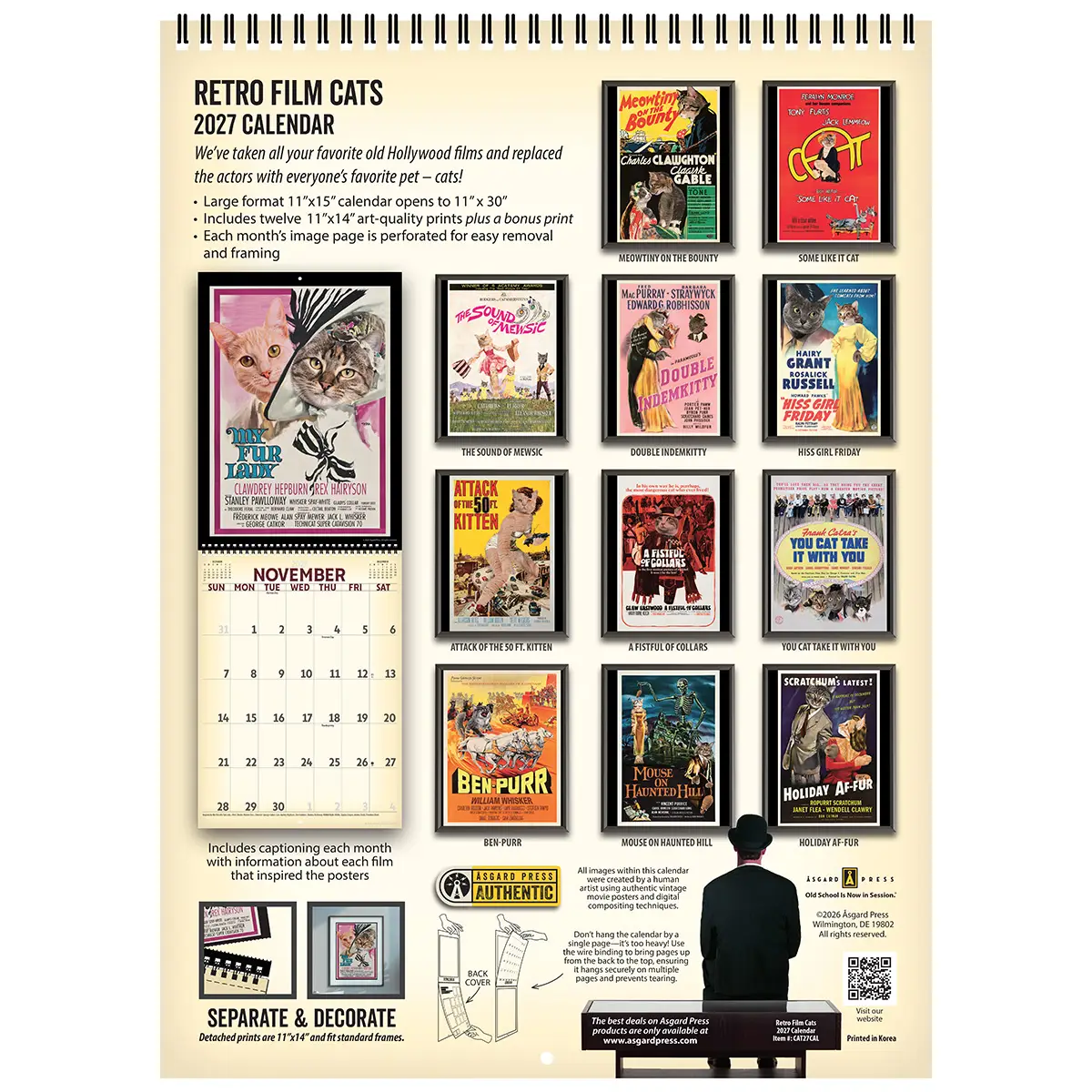 Back cover of the 2027 Retro Film Cats Deluxe Wall Calendar