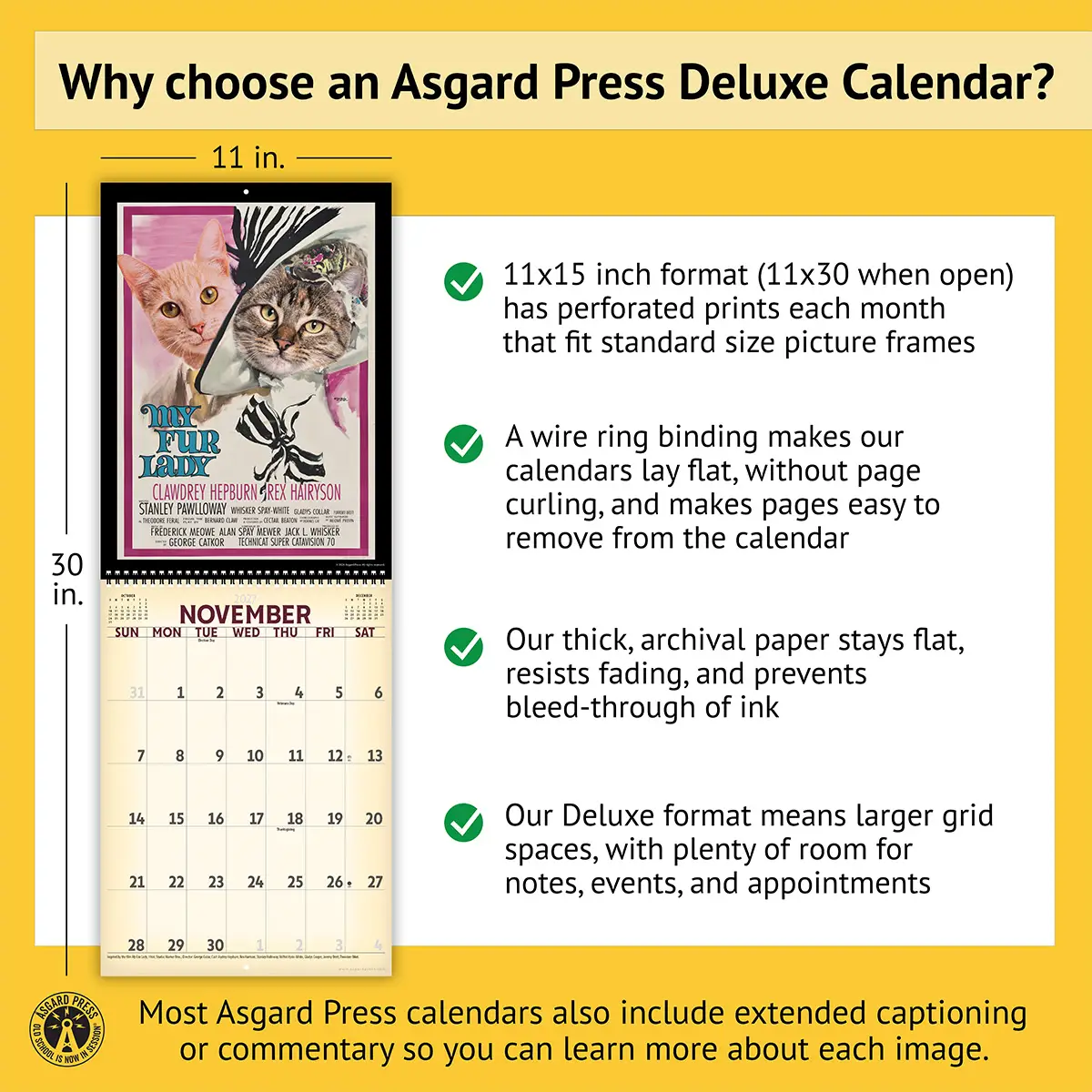 Features of the 2027 Retro Film Cats Deluxe Calendar, including removable prints, captions, wire binding, and premium paper