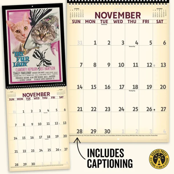 Open spread and caption from the 2027 Retro Film Cats Deluxe Wall Calendar