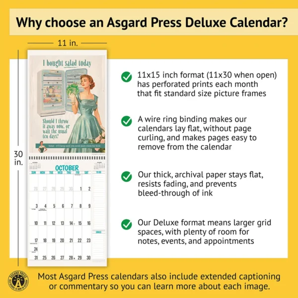 Features of the 2027 Retro Honesty in Advertising Deluxe Calendar, including removable prints, list areas, wire binding, and premium paper