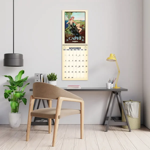 2027 Retro Pinups in Paradise Deluxe Calendar hanging above a desk