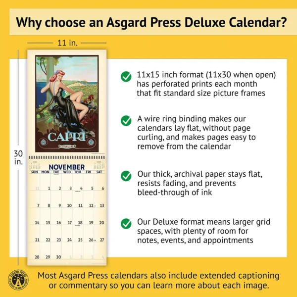 Features of the 2027 Retro Pinups in Paradise Deluxe Calendar, including removable prints, wire binding, and premium paper